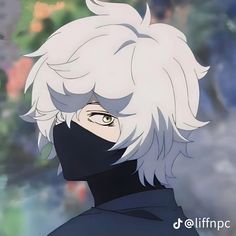 an anime character with white hair wearing a black mask and looking at the camera while standing in front of flowers