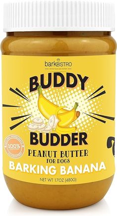 a jar of buddy peanut butter with bananas on it's side and the label below