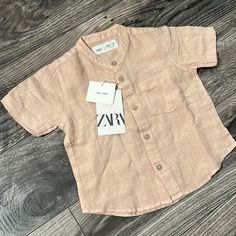 Zara Linen Dress Shirt Baby Boy 9-12 Months New Pink/Tan Beige Short Sleeve Tops For Playtime, Beige Cotton Tops For Playtime, Pink Shirt For Summer Playtime, Cute Brown Tops For Playtime, Cute Summer Shirt By Zara, Zara Linen Dress, Zara Kids Boys, White Long Sleeve Cardigan, Baby Pink Top