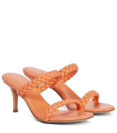 Anchor playful summer ensembles with the Marley sandals from Gianvito Rossi, arriving in a tropical orange hue. Made from leather and featuring braided straps, the open-toed pair is set on elegant tapered stiletto heels. | Gianvito Rossi Marley 70 leather sandals Tropical Orange, Rossi Shoes, Mid Heel Sandals, Braided Strap, Womens Designer Fashion, Mid Heel, Gianvito Rossi, Leather Sandals, Jimmy Choo