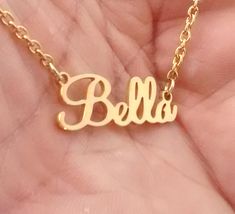 "Custom Made Name Necklace Stainless Steel 316L with 24Kt gold plating option. ♦ SPECS: ♣ Size - 3 letters 0.75\", 4 letter 1\", 5 to 7 letters 1.12\", 8 letter and up 1.25\" to 1.5\" ♣ USA made high Polished Stainless Steel 316L. ♣ Chain and jump ring are Surgical Stainless Steel. ♣Thickness 0.035\". ♣ Jewelry Gift Box Included. ♦ DESCRIPTION: ♣ Choose the chain length that you would like from the drop box. The options are 14\", 16\", 18\", and 20\" Surgical Stainless Steel chain. If you need i Si Sabato Necklace, Ethan Name Necklace, Lylah Name Necklace, Necklaces Victor Name, Gold Name Plate, Nameplate Necklace Silver, Name Plate Necklace, Personalized Gold Necklace, Personalized Name Plates