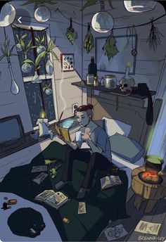 a man sitting on a couch in a room with plants hanging from the ceiling and other items scattered around