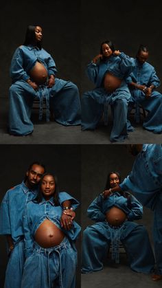 two pregnant women sitting on a chair with their arms around each other and the woman is holding her belly