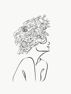 a black and white drawing of a woman's head with food all over it