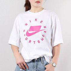 Women's Nike Sportswear Loose Fit Short Sleeve White T-Shirt AT0565-100 White T Shirt, Nike Sportswear, White Tshirt, Pink Fashion, Workout Shorts, Nike Women, Loose Fitting, Multi Color, Im Not Perfect