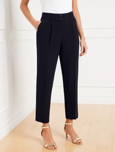 Our ankle length pant is the perfect mix of work and play. Made from light easy-to-pack and easy-care, wrinkle-resistant fabric. Hello, comfort and style. Features Pleated and creased front Hits At Waist Ankle Length Fly front with button closure Front angled slip, Back welt pockets Imported Fit: Misses: 27"; Petite: 24 1/2" Plus: 27"; Plus Petite: 26" Material: Shell : 69% Triacetate, 31% Polyester; Lining : 100% Polyester Care: Machine Wash Cold, Gentle Cycle; Only Non-Chlorine Bleach When Nee Ankle Pants Women, Sleeveless Blazer, Classic Style Women, Easy Travel, Ankle Length Pants, Ankle Pants, Work Fashion, Welt Pockets, Modern Classic