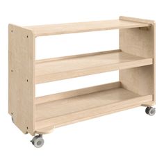 a wooden shelf with three shelves on each side and two wheels attached to the bottom