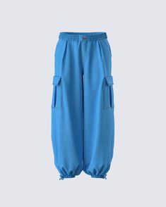 Add a little flare to your closet with these blue denim parachute pants 💙 With a chic yet casual feel, these pants complete with cargo pockets and a smocked waistband are the perfect piece for any occasion where you want to be the best dressed 😚 Spring Denim Cargo Pants With Elastic Waistband, Denim Cargo Jeans With Side Pockets, Denim Blue Cargo Trousers, Baggy Utility Cargo Jeans With Elastic Waistband, Baggy High-waisted Denim Cargo Pants, Trendy Spring Parachute Pants With Multiple Pockets, Blue Summer Cargo Jeans With Patch Pockets, Utility Style Wide-leg Denim Bottoms, High-waist Denim Blue Cargo Pants