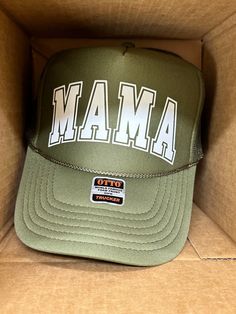 Mama Trucker Hat: olive green Mama Trucker Hat, Lisa Nelson, Green Trucker Hat, Custom Fitted Hats, Quality Hats, Custom Hats, Leather Patches, Fitted Hats, Straw Hat