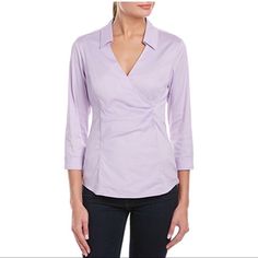 Nydj Womens Fit Solution Faux Wrap Blouse ~ Designed To Complement ~ Lift Tuck Technology That Slims From Within ~ Built In Shelf Bra For Support ~ Color: Lilac Frost Bust Across: 16 1/2 Inches Material: 78% Cotton/19% Elastane/2% Spandex #1007 Trades Or Holds Use Offer Option Fitted V-neck Shirt For Spring, Spring Stretch Shirt For Night Out, Stretch Shirt For Night Out In Spring, Spring Fitted V-neck Shirt, Spring Fitted Collared Top, Fitted Collared Spring Tops, Fitted Collared Tops For Spring, Spring Chic Slim Fit Shirt, Chic Slim Fit Blouse For Spring