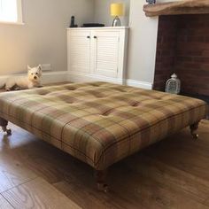 a dog is sitting on the floor in front of a fire place with a footstool