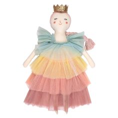 a stuffed doll wearing a dress with a crown on it's head and hair in the shape of a ballerina