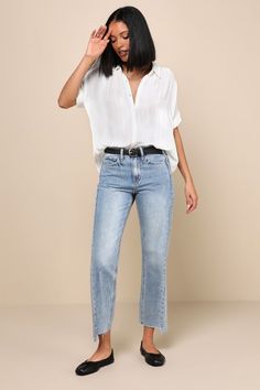 The styling possibilities are endless with the Lulus Everlee White Striped Button-Up Top! Semi-sheer woven fabric, with a subtle striped pattern, shapes this cute top with a collared neckline and short, cuffed sleeves. Relaxed bodice, with a full button placket down the front, tucks perfectly into your favorite high-waisted bottoms thanks to a rounded hem that's slightly longer at back. Camisole not included. Fit: This garment fits true to size. Length: Size medium measures 26.5" from shoulder t Chic Spring Blouse With Striped Collar, Chic Light Wash Short Sleeve Blouse, Collared Light Wash Blouse For Work, Day Out Blouse With Striped Collar, Light Wash Blouse With Button Closure, Chic Blouse With Striped Collar For Day Out, Chic Light Wash Top With Button Closure, Casual Blouse With Striped Collar For Day Out, Summer Blouse With Striped Collar