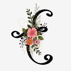 the letter e with flowers and leaves on it