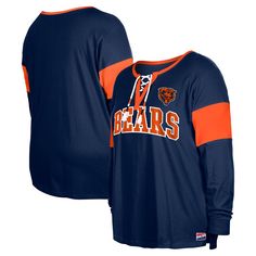 Step up your Chicago Bears style with this New Era Plus Size Lace-Up Notch Neck Long Sleeve T-Shirt. This long sleeve tee features a stylish notch neck with lace-up detail and a contrast-color sleeve inset for a touch of flair. The printed team name across the front and team logo on the left chest let everyone know you're a true Chicago Bears fan. Fall Sports Long Sleeve T-shirt, Long Sleeve Team-colored Tops For Fans, Long Sleeve College Fan Apparel T-shirt, Collegiate Long Sleeve Graphic Print Tops, Collegiate Long Sleeve Sports T-shirt, Team Spirit Long Sleeve Cotton Tops, College Fan Apparel Long Sleeve Tops, Long Sleeve T-shirt For College Sports Season, Fall Sports Long Sleeve Tops