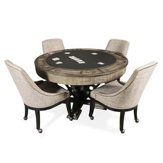 a dining table with chairs around it and a poker chip on the top of it