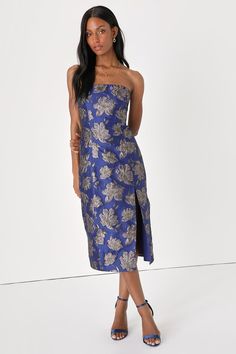 Blue 3D Floral Dress - 3D Applique Dress - Strapless Midi Dress - Lulus Elegant Blue Bandeau Strapless Dress, Elegant Blue Bandeau Dress, Blue Bandeau Strapless Dress For Evening, Elegant Blue Stretch Strapless Dress, Elegant Blue Strapless Stretch Dress, Blue Bodycon Strapless Dress, Elegant Fitted Blue Strapless Dress, Blue Bandeau Dress For Date Night, Blue Strapless Midi Dress With Fitted Bodice