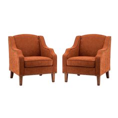 two orange chairs sitting next to each other