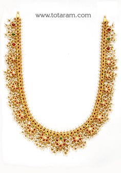 22 Karat Gold 'Guttapusalu' Necklace with Pearls, Cz & Beads (Gutta Pusalu) 
   - 235-GN1999 - in 148.050 Grams for USD $10129.99. 
Made in India by Totaram Jewelers Online this product is in Gold - 22 Karat BIS Hallmark 916 KDM Gold  & is an excellent gift for Adult - Women. Ships fully insured with secured guaranteed delivery for free with your order over $250 from New Jersey USA & comes with 30 days exchange policy. Gold Guttapusalu Necklace, Jeweled Temple Necklace For Festivals And Celebrations, Jeweled Temple Necklace For Festivals, Guttapusalu Necklace, Gutta Pusalu, 22k Gold Necklace, Necklace With Pearls, 22k Gold Jewelry, Gold Necklace Women