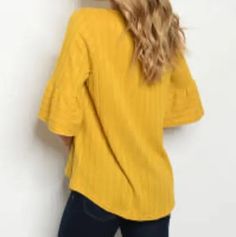 Brand new mustard tunic top with bell sleeves and bow knot has ridges throughout. This top has a nice and soft combo of material of rayon, and spandex, and polyester. Fits true to size. Hand wash with cold water. Hang or line dry. Mustard Top, Fix Clothing, The Fix, Bell Sleeves, Mustard, Tunic Tops, Spandex, Yellow, Color