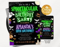 this is an image of a birthday party with halloween themed items and text on it