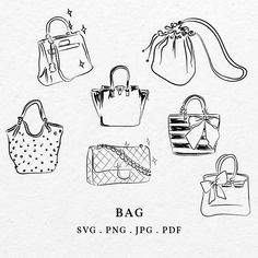 handbags are drawn in black and white on a piece of paper with the words bag svg, png, jpg, df