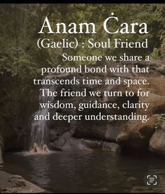 an image with the words anam cara on it and a waterfall in the background