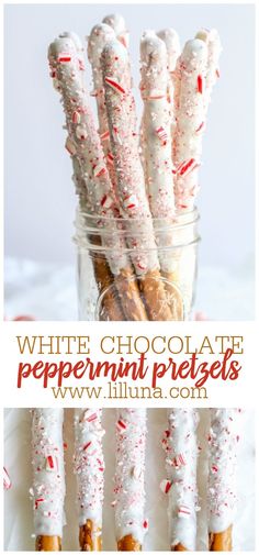 white chocolate peppermint pretzels in a jar