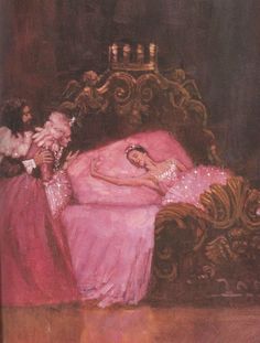 a painting of a woman in pink laying on a bed next to two other women