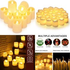 many different types of candles are shown in this collage with the caption'multiple advantages '