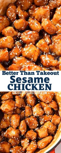 some chicken is cooking in a pan with sauce on top and the words, better than takeout sesame chicken