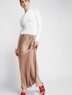 Slip into something silky… With an elastic waist, ultra-flattering fit, and luxe Hammered Satin fabric, it's the maxi skirt of your dreams. (This one comes in Teddy.) | Women's Gaia Skirt in Teddy | Ethical Essentials Satin Fabric, Breathable Fabric, Maxi Skirt, Dreaming Of You, Elastic Waist, Satin, Elastic, Skirt, Fabric