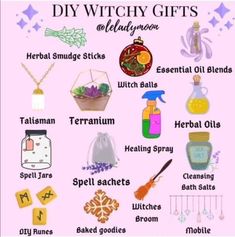 a poster with different items that are labeled in the words diy witch gifts on it