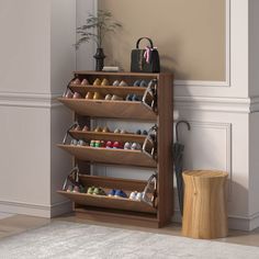 there is a shoe rack with many pairs of shoes on it and a bag next to it