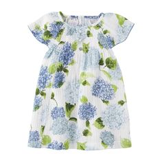 Cotton gauze dress with a smocked neckline. 100% Cotton Machine wash Hydrangea Dress, Cotton Gauze Dress, Soft Spring, Blue Hydrangeas, Girls Easter Dresses, Girls Floral Dress, Seersucker Dress, Spring Floral Dress, Gauze Dress