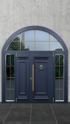 the front door to a building with two double doors and an arched glass window on one side