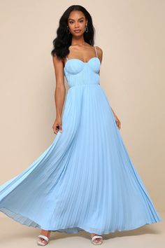 Stroll into the party looking like the best dressed guest in the Lulus Admirable Elegance Light Blue Pleated Bustier Maxi Dress! Lightweight woven fabric shapes this stunning dress that has adjustable spaghetti straps and a bustier-style bodice with a sweetheart neckline, seamed, padded cups, and hidden side boning. Micro-pleated texture throughout lends an elevated effect. Fitted waist tops an accordion-pleated skirt that falls to a twirl-ready maxi hem. Hidden zipper/clasp at back. Pink Formal Dresses Short, Light Blue A-line Pleated Dress, Summer Light Blue Pleated Maxi Dress, Flowy Light Blue Sleeveless Maxi Dress, Elegant Light Blue Floor-length Maxi Dress, Light Blue Fitted Floor-length Maxi Dress, Light Blue Formal Dress, Pink Formal Dresses, Formal Dresses Short