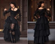 Black gothic dress in Rococo style. This dress consists of an overbust corset with steel bones, a long trail skirt, a short skirt, and lace bolero. The corset is decorated with beads and handmade flowers. The dress is made to order. ♥See all Gothic dresses: https://etsy.me/2YNuWK6 ♥See all cloaks and capes: https://etsy.me/3nM0GeC =SHIPPING= We provide Standard airmail shipping by default, but another option is express shipping via UPS, please, contact us for details. =CUSTOM ORDERS= It is possi Vampire Ball Gown, Black Gothic Wedding Dress, Corset Vampire, Gothic Rococo, Atlas Dress, Black Victorian Dress, Black Gothic Wedding, Tightlacing Corset, Wedding Dress Ruffle