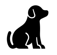 a black and white silhouette of a dog sitting on the ground with its head turned to the side