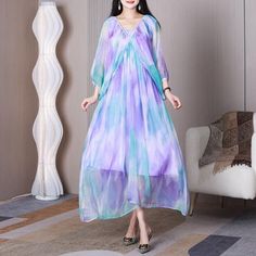 Comfortable, One of Kind. Maxi Dresses online shop,|Elegant|Tencel|Ankle-Length|3/4 Sleeve|V-Neck|Bicolor|Lavender|Coral|One Size|Summer|Hand Wash Purple Chiffon V-neck Maxi Dress, Elegant Multicolor V-neck Midi Dress, Purple Chiffon V-neck Dress, Purple V-neck Chiffon Dress, Elegant Purple V-neck Dress For Spring, Pastel Maxi Dress, Pastel Maxi Dresses, Maxi Dresses Online, Purple Maxi