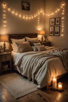 a bedroom with lights strung above the bed