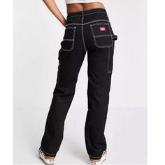 Dickies Carpenter Pants- Black With White Stitching. Utility Pockets. Size 26. Never Worn, In Perfect Condition. Black High-waisted Work Pants With Pockets, Black High-waisted Jeans For Work, Mid-rise Black Work Pants With Pockets, Black Mid-rise Work Pants With Pockets, Mid-rise Black Cargo Pants For Workwear, Black Mid-rise Cotton Work Pants, Black Fitted Mid-rise Work Pants, Fitted Mid-rise Black Work Pants, Dickies Women