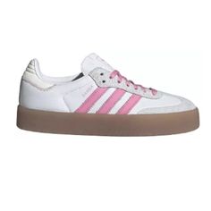 Adidas Women's Sambae Shoes Color: White/Pink Shoe Width: Medium/B These Sambae Shoes Add A Modern Twist To The Iconic Design Of The Samba Smooth Nubuck And Leather Upper In Addition To The Premium Embroidered 3-Stripes Subtle Details Like A Stitch-And-Turn Toe Cap Lace Closure Pink Samba Adidas, Adidas Pink Skate Shoes With Boost Midsole, Casual Pink Adidas Skate Shoes, Pink Adidas Sneakers With Three Stripes, Pink Adidas Sneakers With Logo, Pink Adidas Lace-up Sneakers, Adidas Shoes Women, Pink Shoes, Lace Closure