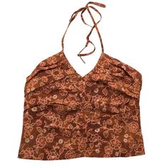 J. Crew Women’s V-Neck Halter Top In Vintage Vines Print Fall 2022 Style #Bl085 Color: Bpe Burnished Pecan Copper Rust Brown, Pink, Orange, Off White, And Tan Floral Vine Print. Halter Neckline With Rear Neck Tie Closure. Rear Smocked Panel. Pullover Style. No Zipper. Shorter, Cropped Length. Lightweight Woven Fabric. 100% Cotton. Machine Wash Cold. Tumble Dry Low. Condition: Never Worn. New With Tag. Smoke Free. Size: 12 Measurements (Flat Across): Underarm To Underarm 17.5” Hem Sweep 17.5” Length (Down Side Seam, Underarm To Hem) 10" J. Crew Says The Length From The Tie Neck Is About 20” Brown V-neck Summer Top, Summer Brown V-neck Top, Fitted Burnt Orange Top For Summer, V Neck Halter Top, Halter Tie Top, 2022 Style, J Crew Women, Jcrew Collection, Closet Inspiration