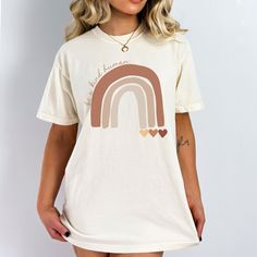 Remind others to always be kind to all humankind with this boho rainbow shirt! The design features a neutral color palette along with a rainbow which ends with several hearts. The phrase "be a kind human" appears alongside the rainbow - it serves as a great reminder for all of us! Comfort Colors® shirts are soft, unisex t-shirts with a worn-in, relaxed aesthetic. Due to the nature of the fabric as well as your monitor or mobile screen, colors may differ slightly. FIT/INFO .: Unisex sizing (check Relaxed Aesthetic, Kindness Tshirts, Be Kind Shirt, Comfort Colors Tshirt, Rainbow Shirt, Kindness Shirts, Mobile Screen, Boho Rainbow, Neutral Colour Palette