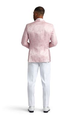 Here's your chance to not only wear light pink but also wear paisley to your upcoming event.  This pastel pink patterned tuxedo coat is a hit with white pants and a white shirt. White Spring Semi-formal Tuxedo, Elegant Long Sleeve Spring Tuxedo, Spring Pink Single Breasted Suit, Spring Single-breasted Pink Suits, Pink Tailored Tuxedo, Pink Wedding Suits For Spring, Elegant Pink Tuxedo For Semi-formal Occasions, Tailored Spring Tuxedo, Tailored Long Sleeve Spring Tuxedo