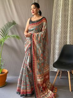 Introducing our beautiful grey saree and blouse, made from high-quality malai cotton, design inspired with traditional kalamkari prints. This exquisite ensemble combines the charm of tradition with the comfort of modern fashion, making it a must-have for every fashion-conscious woman.
The elegant grey saree is adorned with a stunning multicolour pattern, adding a touch of vibrancy and elegance to your look. The design is meticulously crafted, allowing the kalamkari prints to shine through, creat Kalamkari Blouse Designs, Kalamkari Prints, Tassels Blouse, Kalamkari Fabric, Kalamkari Print, Kalamkari Designs, Kalamkari Blouse, Kalamkari Sarees, Grey Saree