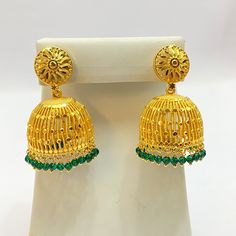 "Handmade Jhumka Earrings 22ct Micro Gold Plated secrew back Earrings Indian jewelry Pakistan Jewelry  Length:2.8\"Inches Approx  Colour:-Green Traditional Indian Wedding Jewellery Slight Colour variations possible due to difference in screen and photograph  It is a perfect match with formal attire on special occasions or with casual wearing Care instructions Keep Jewellery away from direct heat, water, perfumes, deodorants and other strong chemicals as they may react with the metal or plating. The plating composition of Jewellery is as such that  perspiration (sweat) will not damage it. Wipe Jewellery gently with chamois cloth or leather swatch after every use. Wiping the jewellery with a soft cloth after removing the jewellery would add to its life. Avoid water  exposure for all jewelry Pakistan Jewelry, Indian Wedding Jewellery, Gold Bridal Jewellery Sets, Earrings Indian, Traditional Indian Wedding, Indian Wedding Jewelry, Jhumka Earrings, Wedding Jewellery, Formal Attire