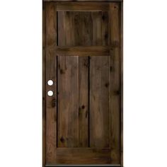 a wooden door with three round knobs on the front and side panels, all in dark wood