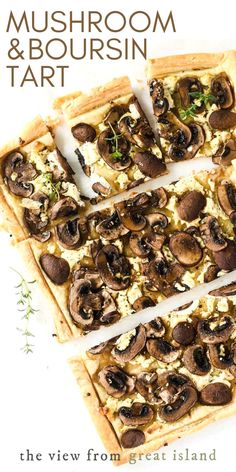 mushroom and bourssin tart is cut into four slices on a white surface